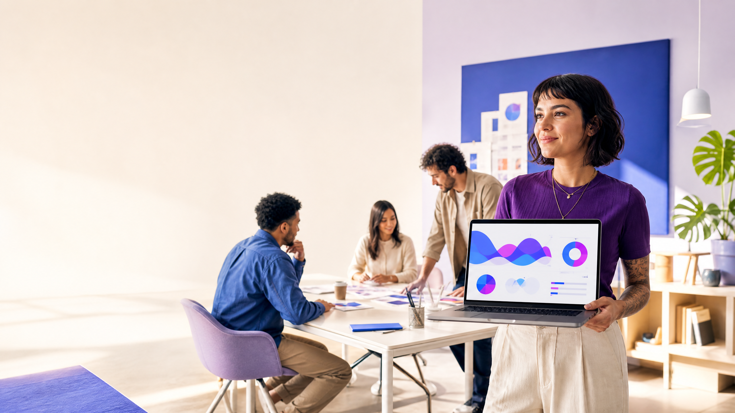 Equipe de marketing analisando uma campanha em um ambiente de trabalho moderno